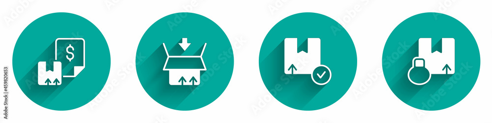 Set Waybill, Carton cardboard box, and icon with long shadow. Vector Set Waybill, Carton cardboard box, and icon with long shadow. Vector