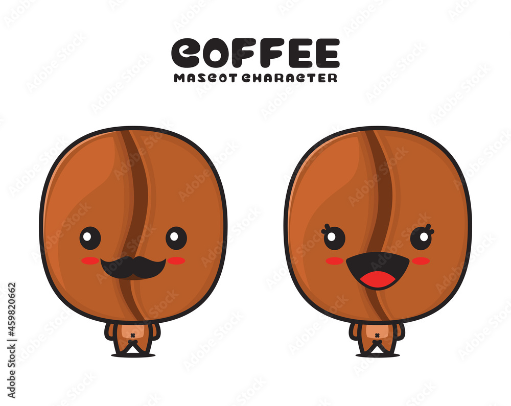cute coffee bean mascot, seeds and drink cartoon illustration