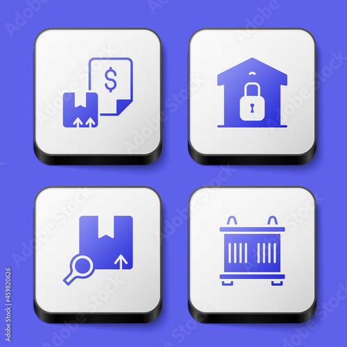 Set Waybill, Closed warehouse, Search package and Container icon. White square button. Vector
