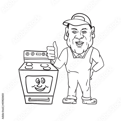 Cartoon mascot illustration of an oven cleaner technician wearing hat and overalls thumbs up facing front with oven black and white style. 