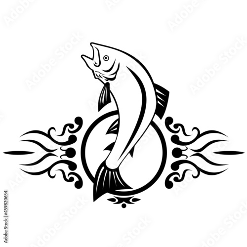 Illustration of a lake trout fish jumping up done in tribal tattoo style on isolated white background in black and white retro style.