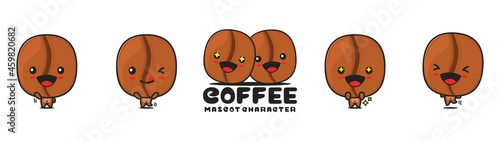 cute coffee bean mascot, seeds and drink cartoon illustration, with different facial expressions and poses