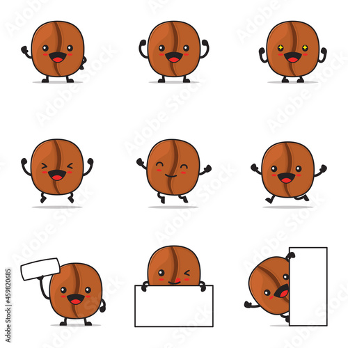 cute coffee bean cartoon. with happy facial expressions and different poses
