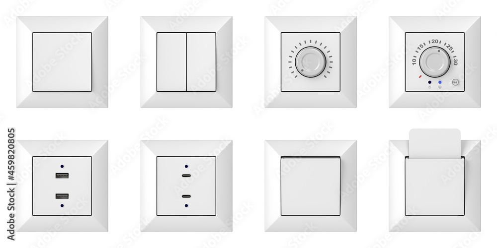 Set of many wall light switches, USB sockets, analog thermostat and key card slot. Front view. Objects isolated on white background.