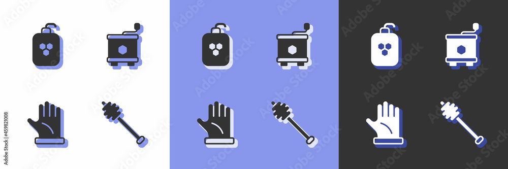 Set Honey dipper stick, Cosmetic tube with honey, Beekeeper glove and extractor icon. Vector Set Honey dipper stick, Cosmetic tube with honey, Beekeeper glove and extractor icon. Vector