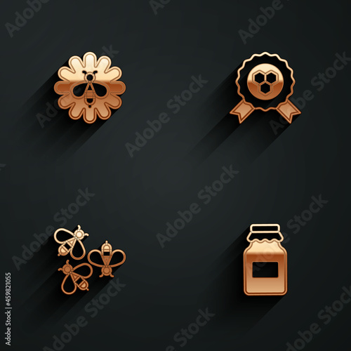 Set Bee on flower, Honey award, Bees and Jar of honey icon with long shadow. Vector