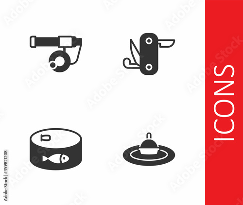 Set Fishing float in water, rod, Canned fish and Swiss army knife icon. Vector