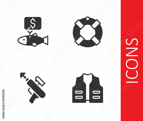 Set Fishing jacket, Price tag for fish, harpoon and Lifebuoy icon. Vector