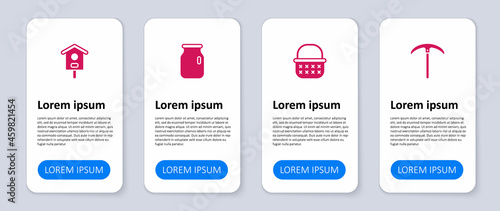 Set Pickaxe, Wicker basket, Glass jar with screw-cap and Bird house. Business infographic template. Vector