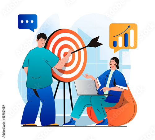 Business target concept in modern flat design. Businessman holds arrow and aims at dartboard, businesswoman analyzing data. Achievement of career goals, business strategy. Vector illustration