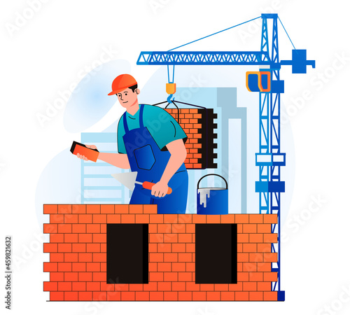 Construction engineer concept in modern flat design. Builder makes brickwork and builds wall of house. Bricklayer or handyman working on construction site. Real estate business. Vector illustration
