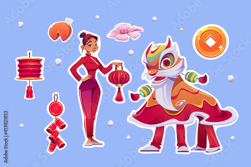 Chinese New Year stickers with Lion Dance costume, red lantern, bells and asian girl. Vector cartoon icons set of traditional China decoration, fortune cookies, coin and flower