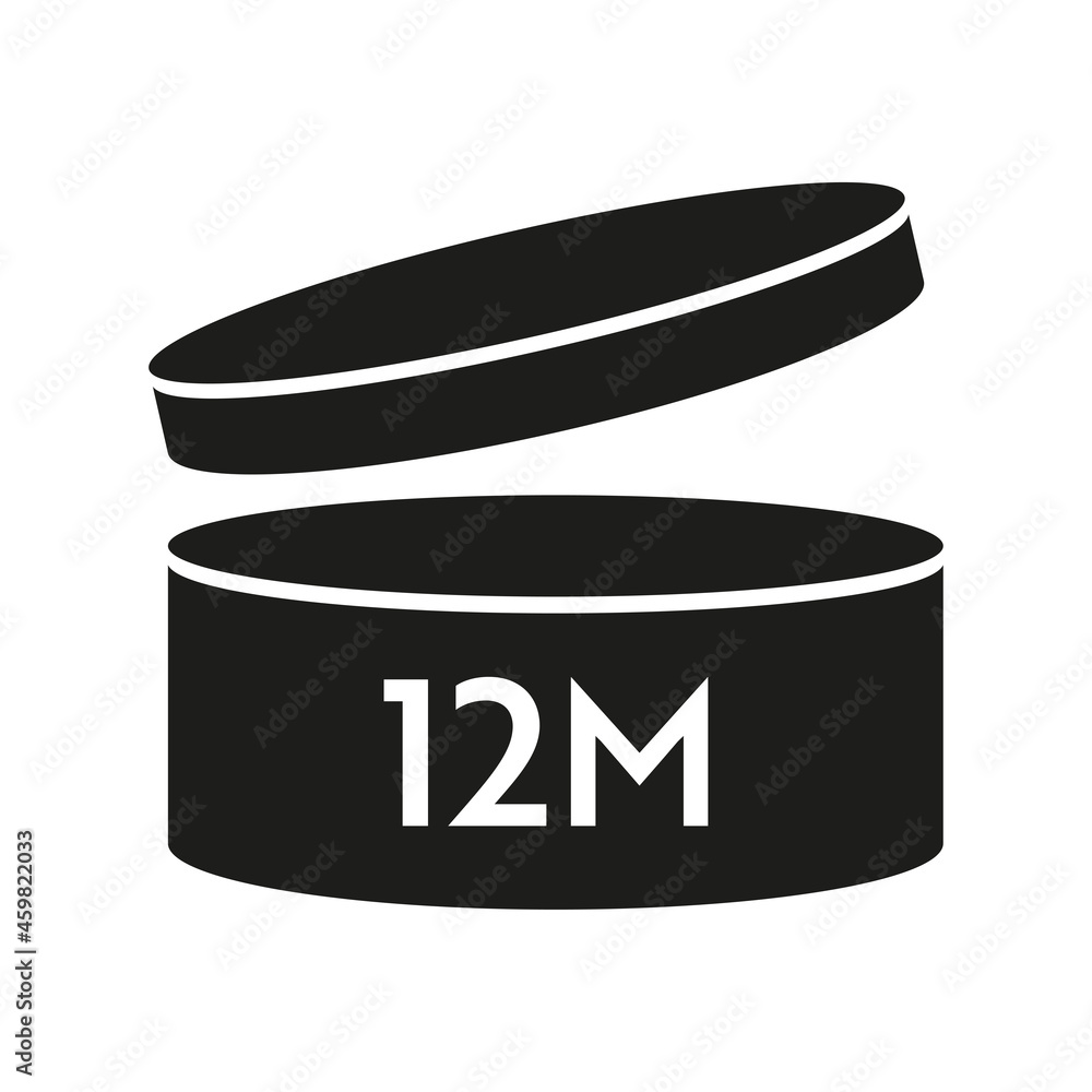 PAO vector icon 12 month. Period after opening symbols. Can with open cap with expiration period in months. PAO vector icon 12 month. Period after opening symbols. Can with open cap with expiration period in months.