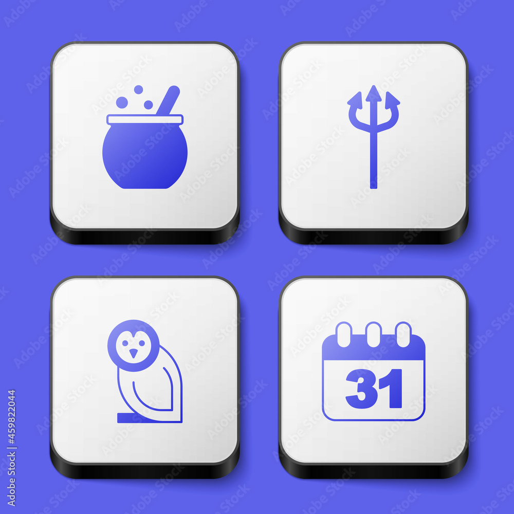 Set Halloween witch cauldron, Trident devil, Owl bird and date 31 october icon. White square button. Vector Set Halloween witch cauldron, Trident devil, Owl bird and date 31 october icon. White square button. Vector