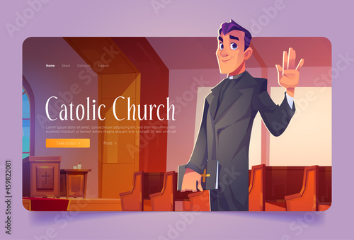 Catholic church banner with pastor holding holy bible. Vector landing page with cartoon cathedral interior with altar, wooden benches and man priest in black robe