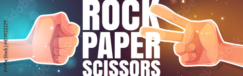 Rock, paper, scissors cartoon banner with human hands playing game showing fingers gestures. Friends challenge, competition, decision and strategy for win, people playing fun, Vector illustration