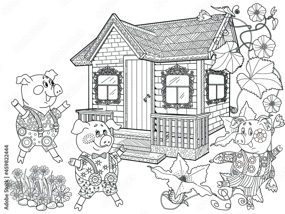Coloring Pages. Three little pigs, Fairy tale. Coloring book. Page one