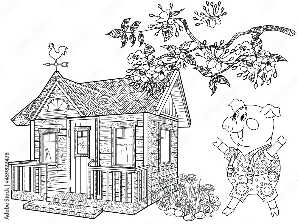 Coloring Pages. Three little pigs, Fairy tale. Coloring book. Page one