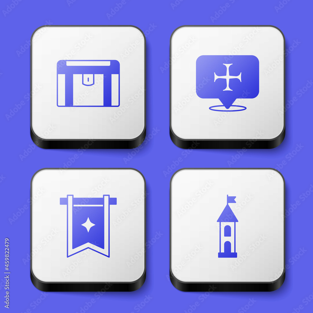 Set Antique treasure chest, Crusade, Medieval flag and Castle tower icon. White square button. Vector Set Antique treasure chest, Crusade, Medieval flag and Castle tower icon. White square button. Vector