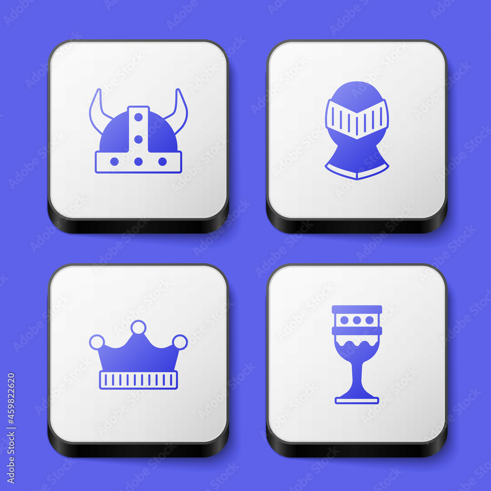 Set Viking in horned helmet, Medieval, King crown and goblet icon. White square button. Vector Set Viking in horned helmet, Medieval, King crown and goblet icon. White square button. Vector