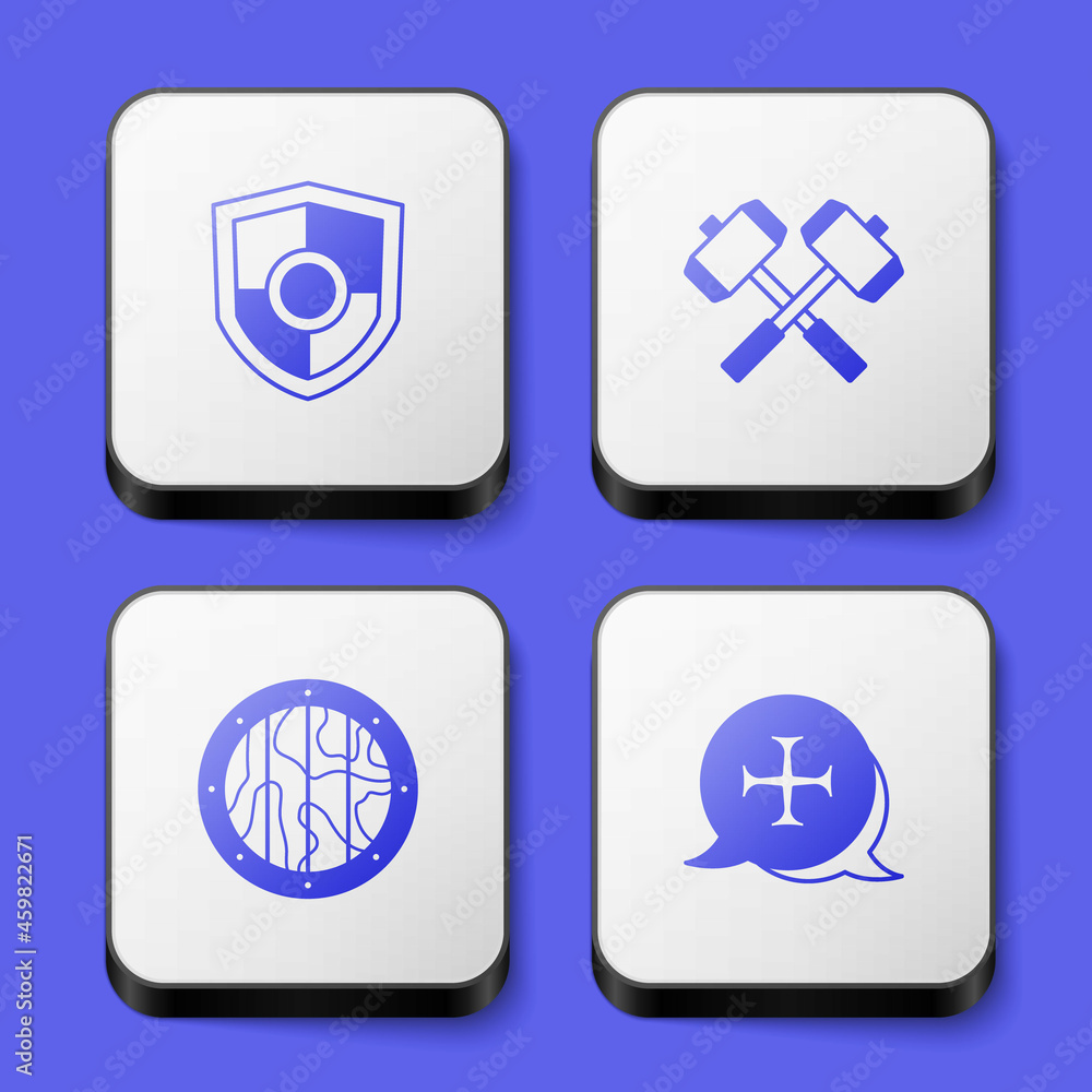 Set Shield, Crossed battle hammers, Round wooden shield and Crusade icon. White square button. Vector Set Shield, Crossed battle hammers, Round wooden shield and Crusade icon. White square button. Vector