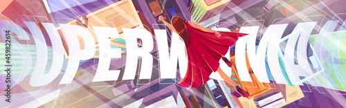 Superwoman poster with girl in red cape flies above city street. Vector banner of female superhero with cartoon top view of woman flying in hero pose above buildings and road