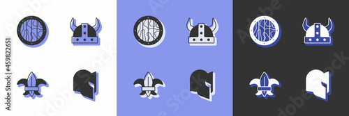 Set Medieval helmet, Round wooden shield, Fleur lys or lily flower and Viking in horned icon. Vector