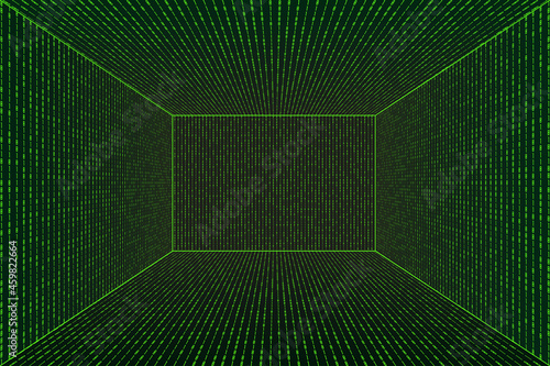3d Grid perspective room in matrix technology style. Virtual reality tunnel or wormhole. Abstract binary computer code background