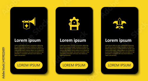 Set Fleur de lys or lily flower, Medieval throne and Trumpet with flag. Business infographic template. Vector