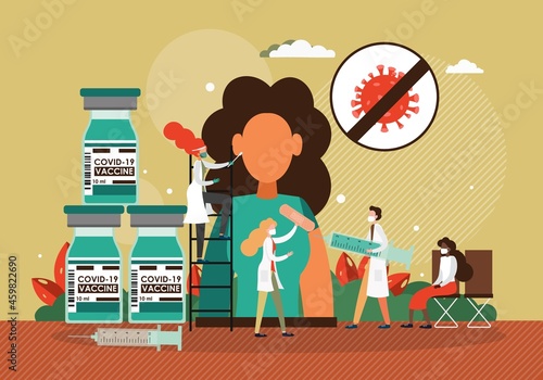 Doctor giving COVID-19 vaccine injection into patient upper arm, vector illustration. Time to vaccinate. Immunity health