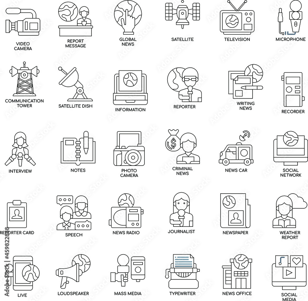 Outline Journalism Elements flat vector collection icon set