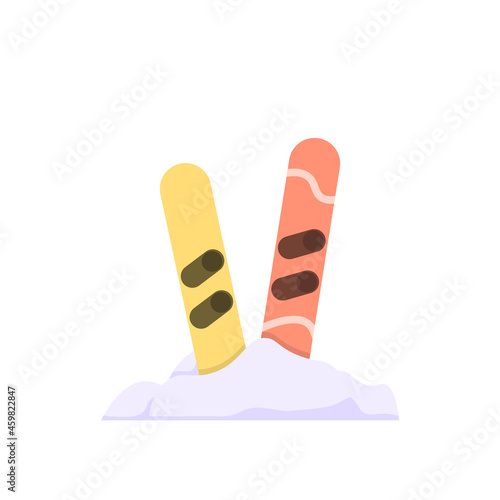 illustration of a ski or snowboard buried or stuck in a pile of snow. Ski Bindings. equipment for snowboarding. flat cartoon style. vector design