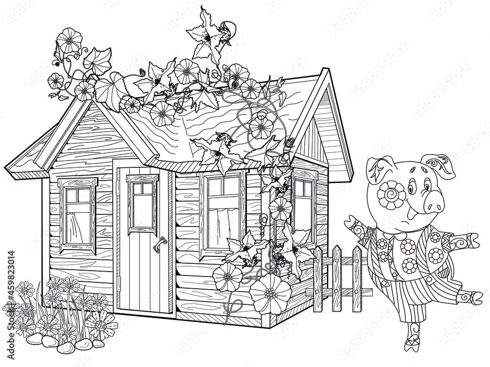 Coloring Pages. Three little pigs, Fairy tale. Coloring book. Page one