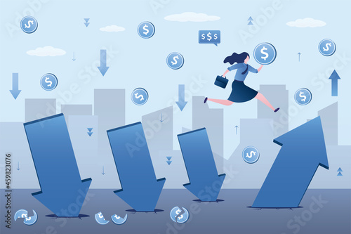 Trader jumps from falling arrow to rising chart. Overcoming the crisis, income growth. Increasing employee's salary. Beginning of successful period. Economic growth after crisis.