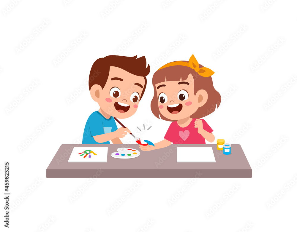 cute little boy and girl using paint to hand for art cute little boy and girl using paint to hand for art