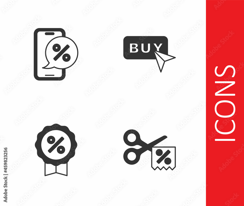 Set Scissors cuts discount coupon, Percent phone, Discount percent tag and Buy button icon. Vector Set Scissors cuts discount coupon, Percent phone, Discount percent tag and Buy button icon. Vector