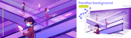 Parallax 2d background people in medical masks on escalators in mall. Moving staircase carrying men and women up and down during covid 19 pandemic vector scene, separated cartoon layers for game