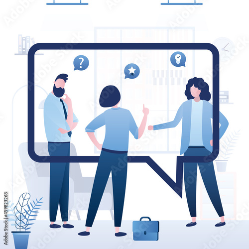 Big speech bubble. Business talking, meeting, concept. Group of office managers discussing new project or job. Team of employees communicate, negotiation.