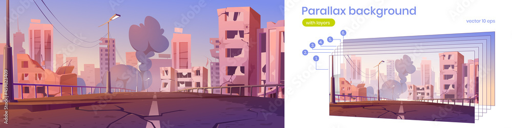 City ruins with broken houses, cracked road and smoke. Vector parallax background for game animation with cartoon cityscape with destroyed buildings after war or earthquake City ruins with broken houses, cracked road and smoke. Vector parallax background for game animation with cartoon cityscape with destroyed buildings after war or earthquake