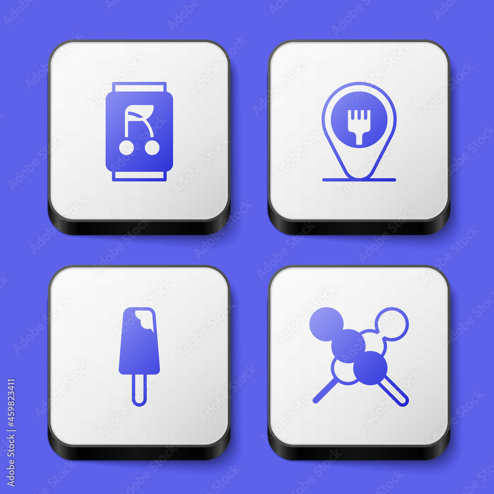 Set Soda can, Cafe and restaurant location, Ice cream and Meatballs wooden stick icon. White square button. Vector Set Soda can, Cafe and restaurant location, Ice cream and Meatballs wooden stick icon. White square button. Vector