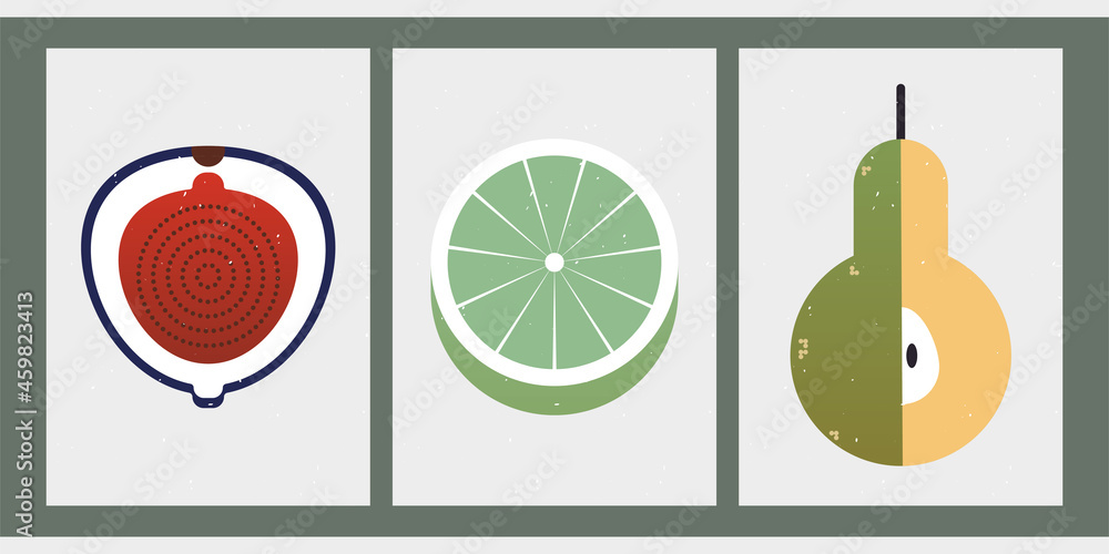 Set of three friut illustrations. Geometric balance posters with culinary ingredients. Vegan and vegetarian decor for home, kitchen, advertising. Backgrounds with figs, limes, pears.