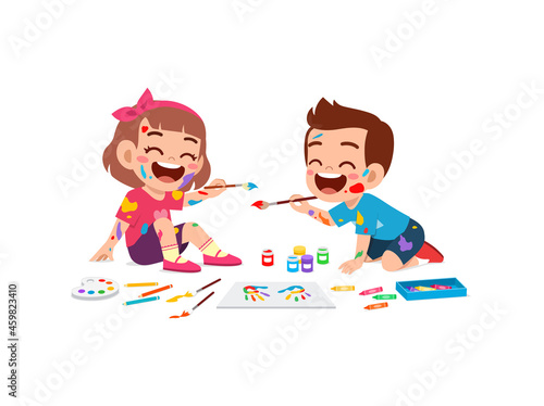 cute little boy and girl using paint to hand for art