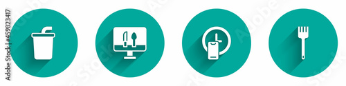 Set Paper glass with water, Online ordering food, Round the clock delivery and Fork icon with long shadow. Vector