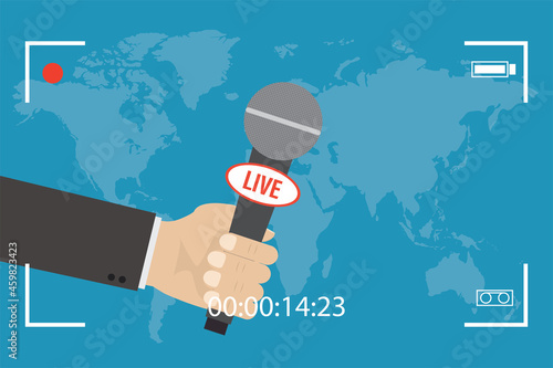 Hand of journalist is holding microphone. Video interview recording. Reporter interviews for live news. Correspondent works with special equipment.