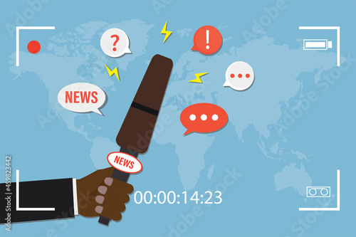 Hand of african american journalist holds microphone. Video interview recording. Reporter with special device interviews for live news. Speech bubbles with questions and answers.
