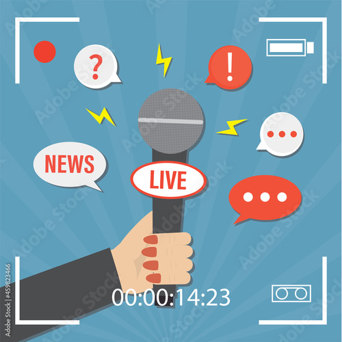 Hand of journalist is holding microphone. Video interview recording. Reporter with special equipment interviews for live news. Speech bubbles with questions and answers.