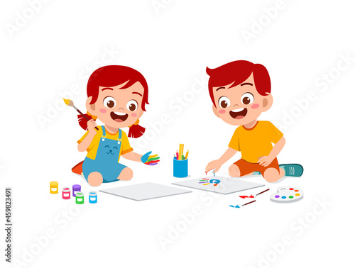 cute little boy and girl using paint to hand for art
