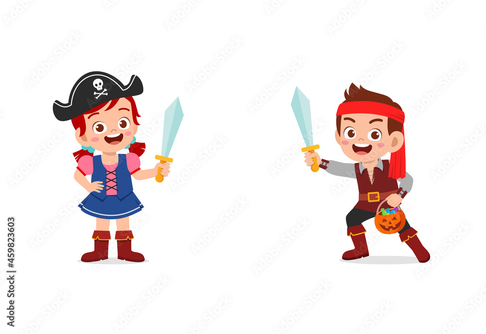 boy and girl celebrate halloween wear pirate costume