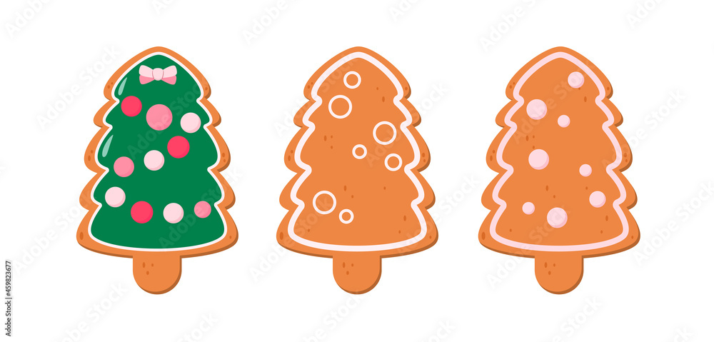 Fototapeta premium A set of gingerbread cookies in the shape of Christmas trees. Flat design.