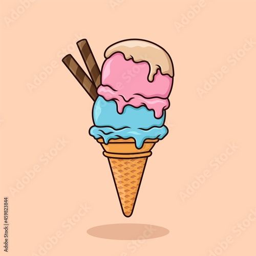 Ice Cream Cone Three layers with wafer stick Cartoon Vector